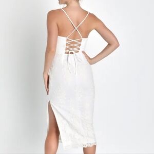 Lulu's Noteworthy Charm white floral embroidered strapless lace up midi dress